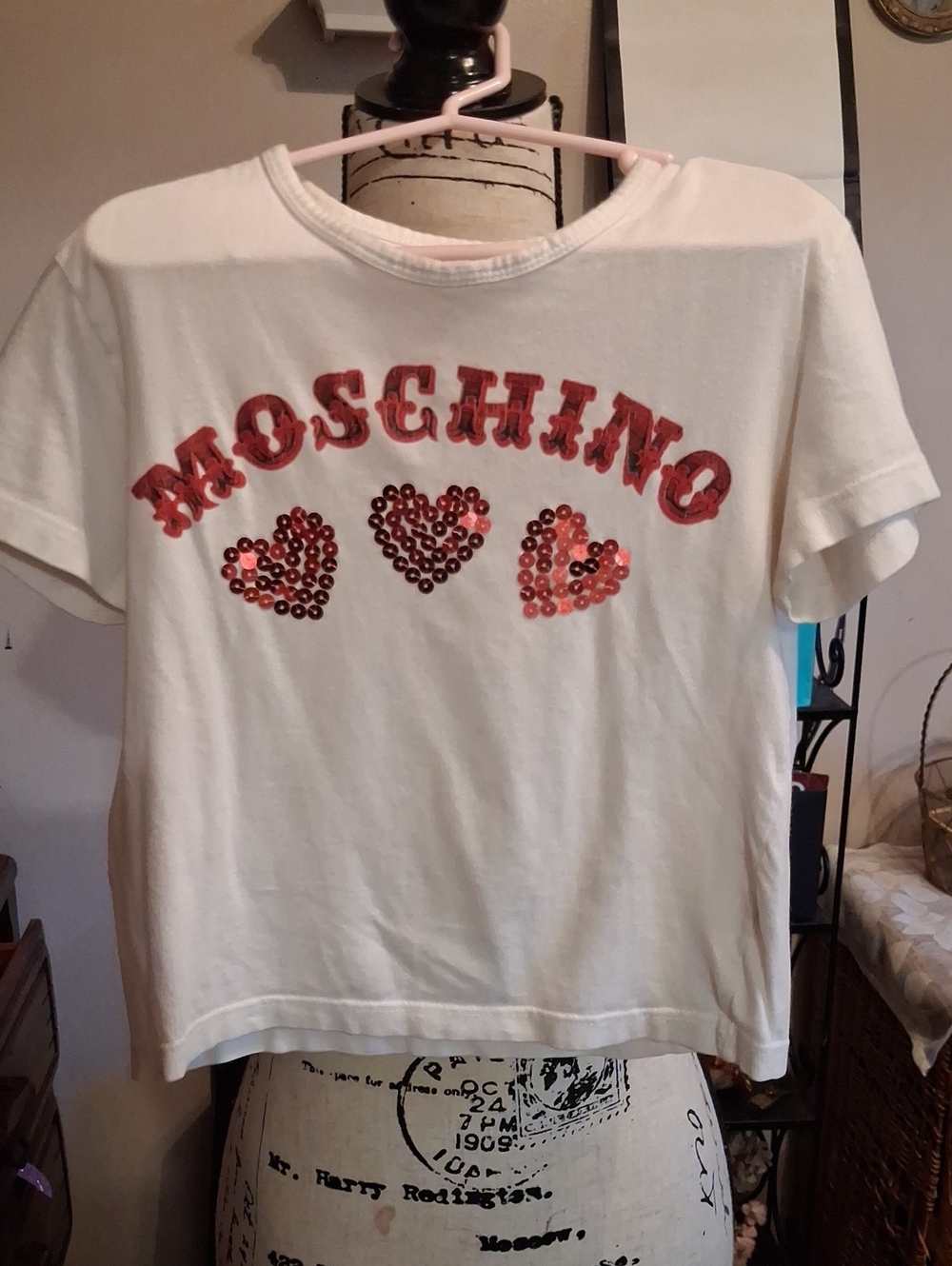 Moschino Kids White Tee with Red Sequin Hearts Size 34 Euro